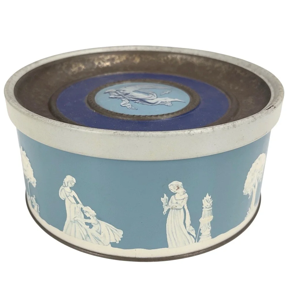 Guildcraft New York Blue Jasperware Style Tin‎ Container Trinket Box Vintage